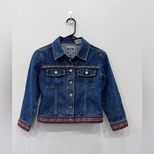 Vintage Nevada Girls Denim Jacket Size 8 Embroidered Trim Boho Jean Jacket